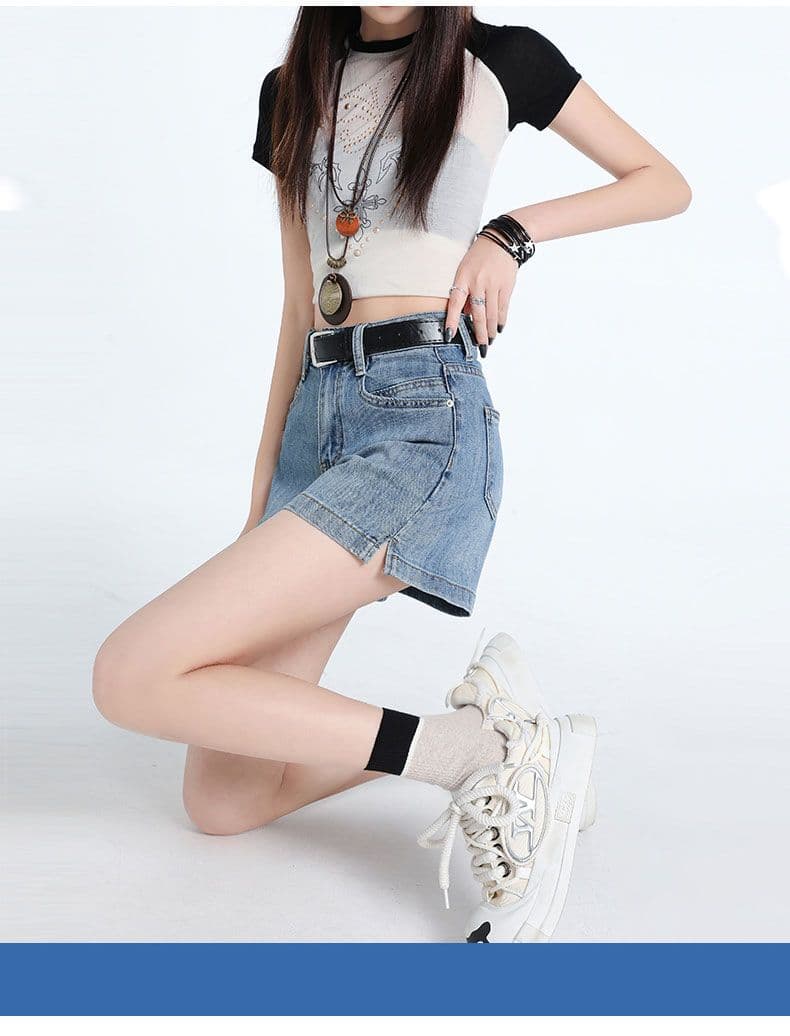 데님 반바지 여성 하늘색 트임 한 마디 바지 선물 벨트 상세 이미지 4