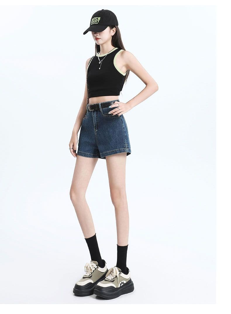 데님 반바지 여성 하늘색 트임 한 마디 바지 선물 벨트 상세 이미지 19