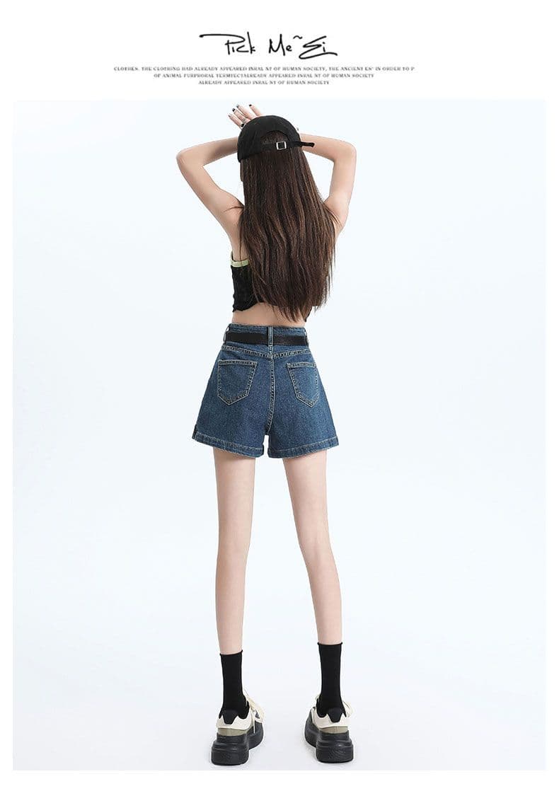 데님 반바지 여성 하늘색 트임 한 마디 바지 선물 벨트 상세 이미지 22