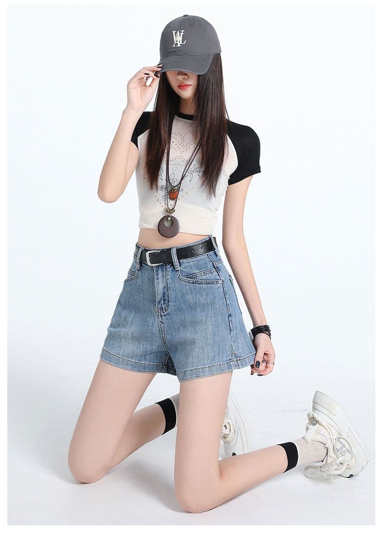 데님 반바지 여성 하늘색 트임 한 마디 바지 선물 벨트 상세 이미지 25