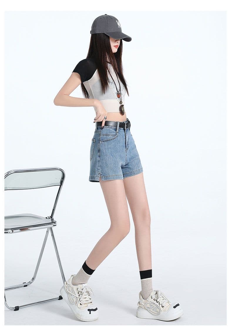 데님 반바지 여성 하늘색 트임 한 마디 바지 선물 벨트 상세 이미지 26