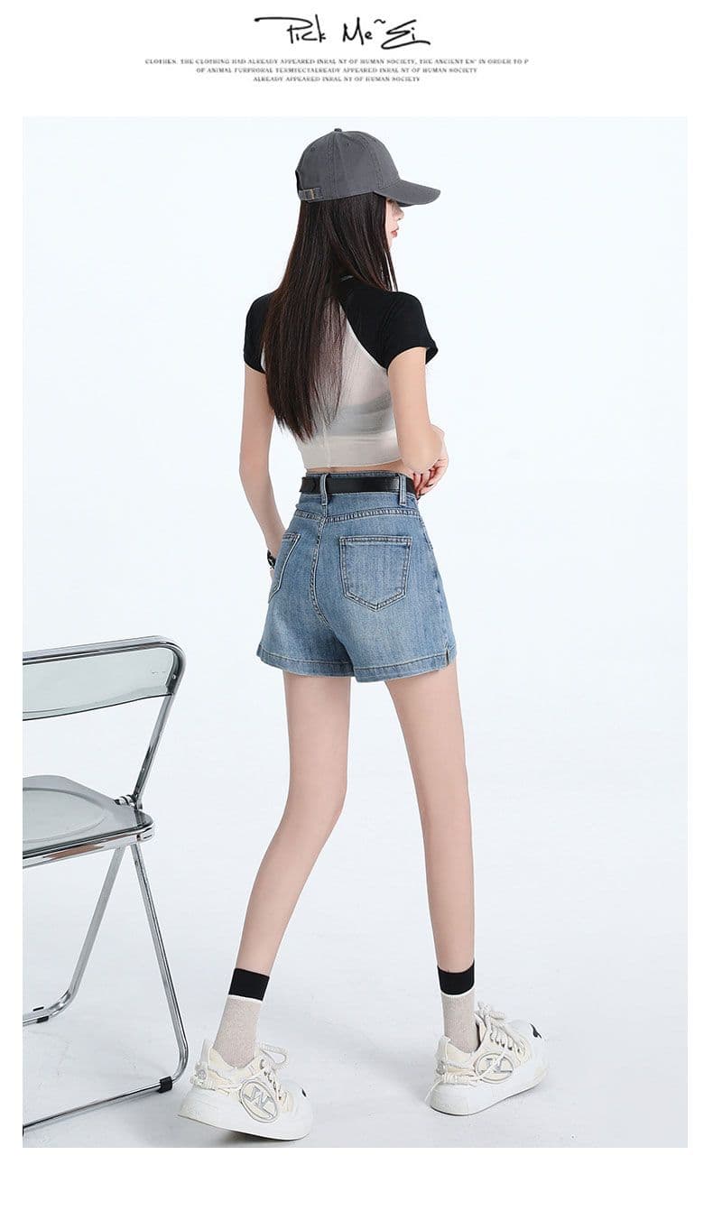 데님 반바지 여성 하늘색 트임 한 마디 바지 선물 벨트 상세 이미지 27