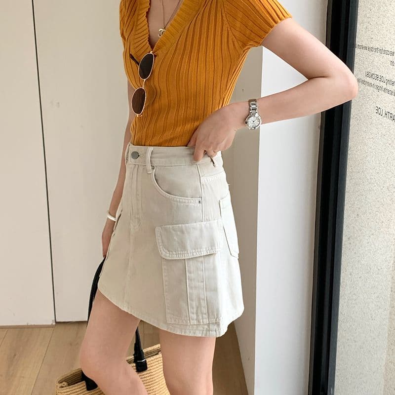 데님 미니 스커트 여성 카드 회색 워크웨어 한 마디 미니 스커트 여성 주머니 하이웨이스트 이미지 3