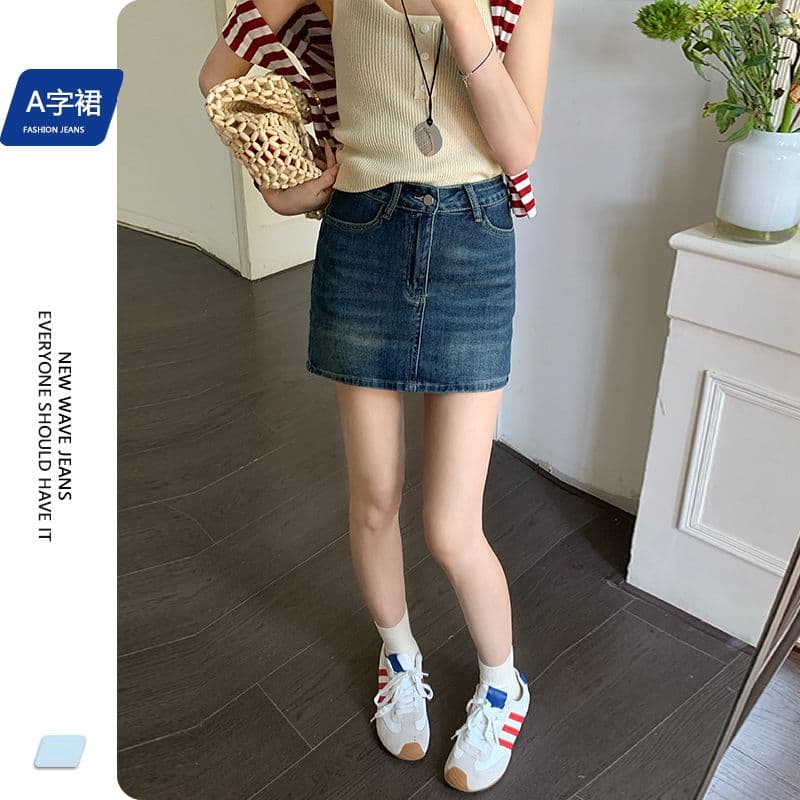 미니 스커트 여성 파란색 데님 한 마디 레트로 리프트 엉덩이 핫걸 치마 이미지 2