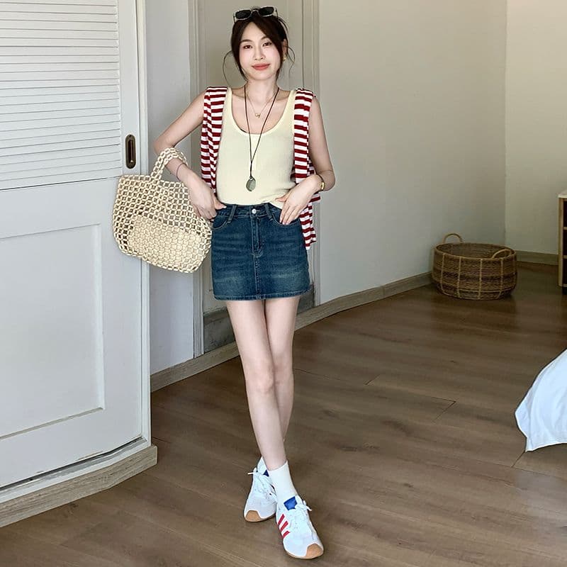 미니 스커트 여성 파란색 데님 한 마디 레트로 리프트 엉덩이 핫걸 치마 이미지 5