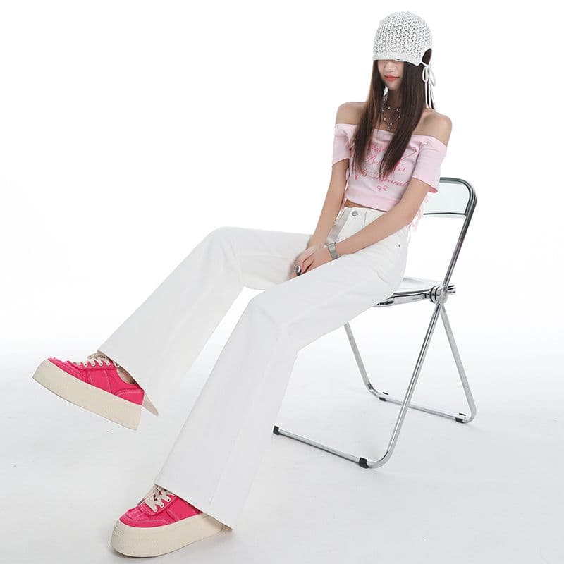 데님 플레어 바지 하이웨이스트 밀크 티 색상 등 허리 가죽 카드 긴 바지 이미지 4