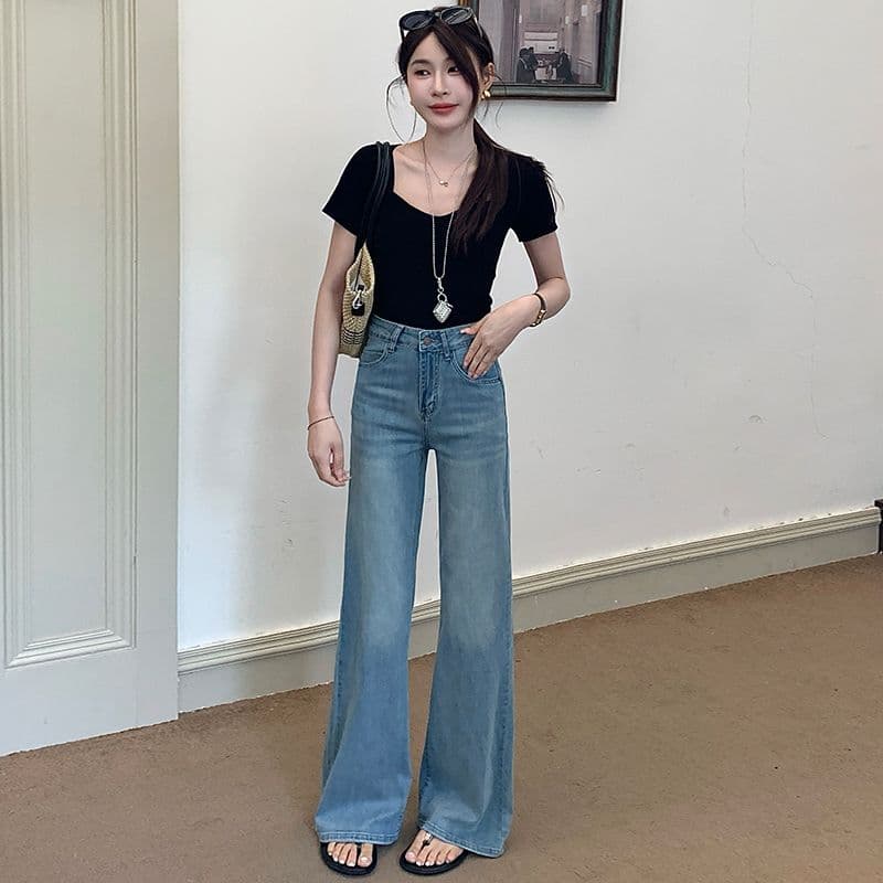 주간 실크 데님 마이크로 플레어 바지 파란색 등 허리 가죽 카드 바닥 청소 바지 이미지 2