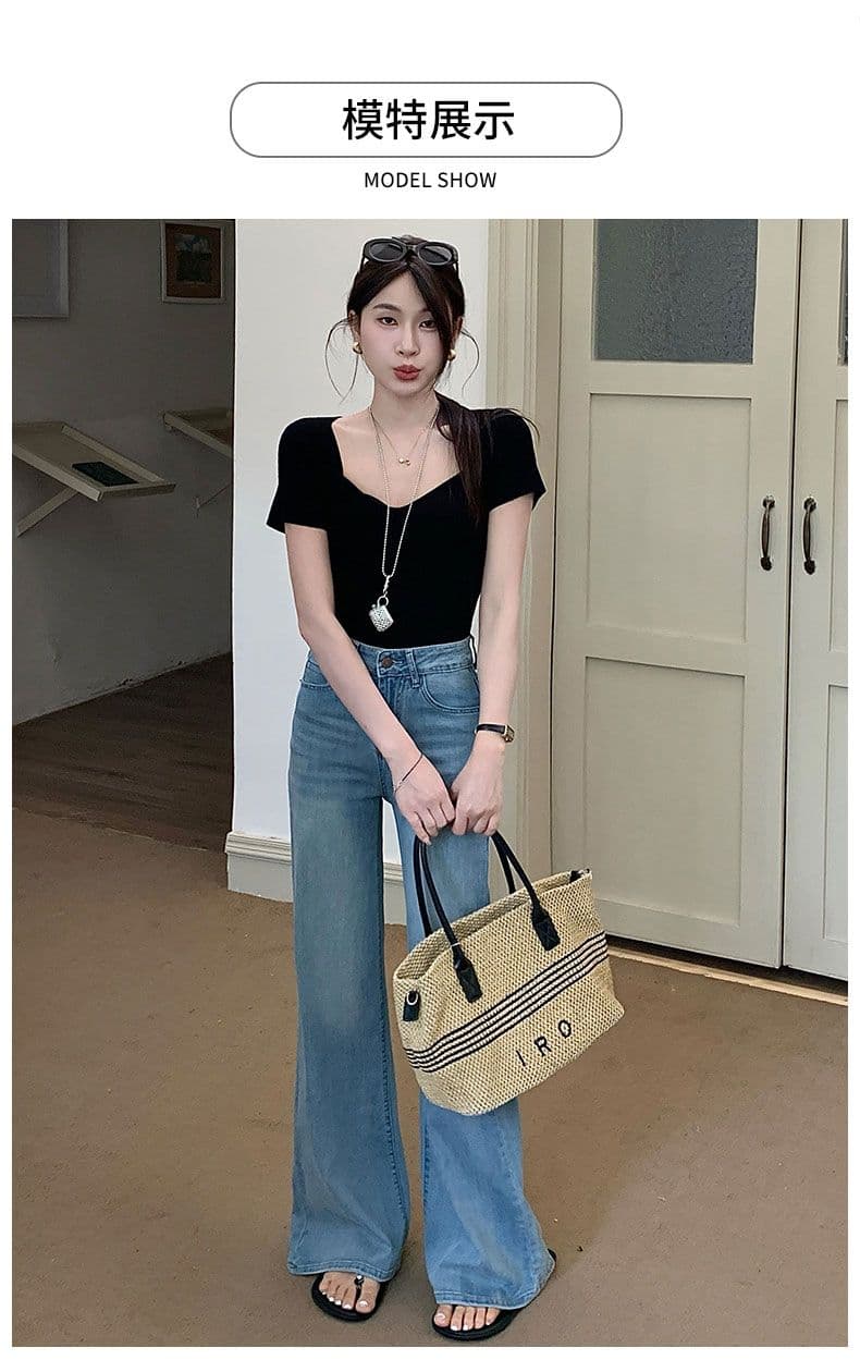 주간 실크 데님 마이크로 플레어 바지 파란색 등 허리 가죽 카드 바닥 청소 바지 상세 이미지 13
