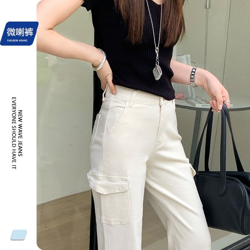 데님 플레어 바지 베이지 색 워크웨어 주머니 바닥 청소 바지 이미지 4