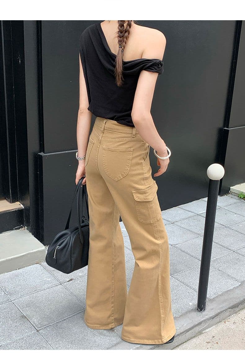 데님 플레어 바지 베이지 색 워크웨어 주머니 바닥 청소 바지 상세 이미지 6