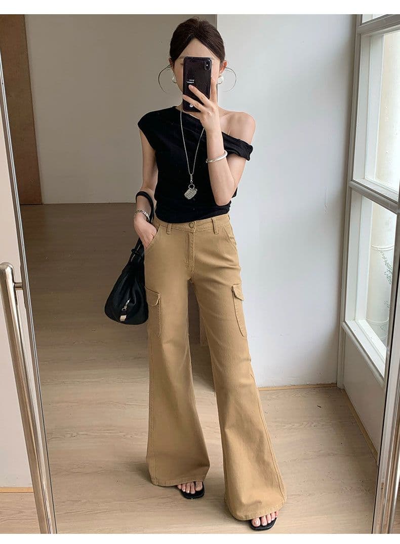 데님 플레어 바지 베이지 색 워크웨어 주머니 바닥 청소 바지 상세 이미지 7