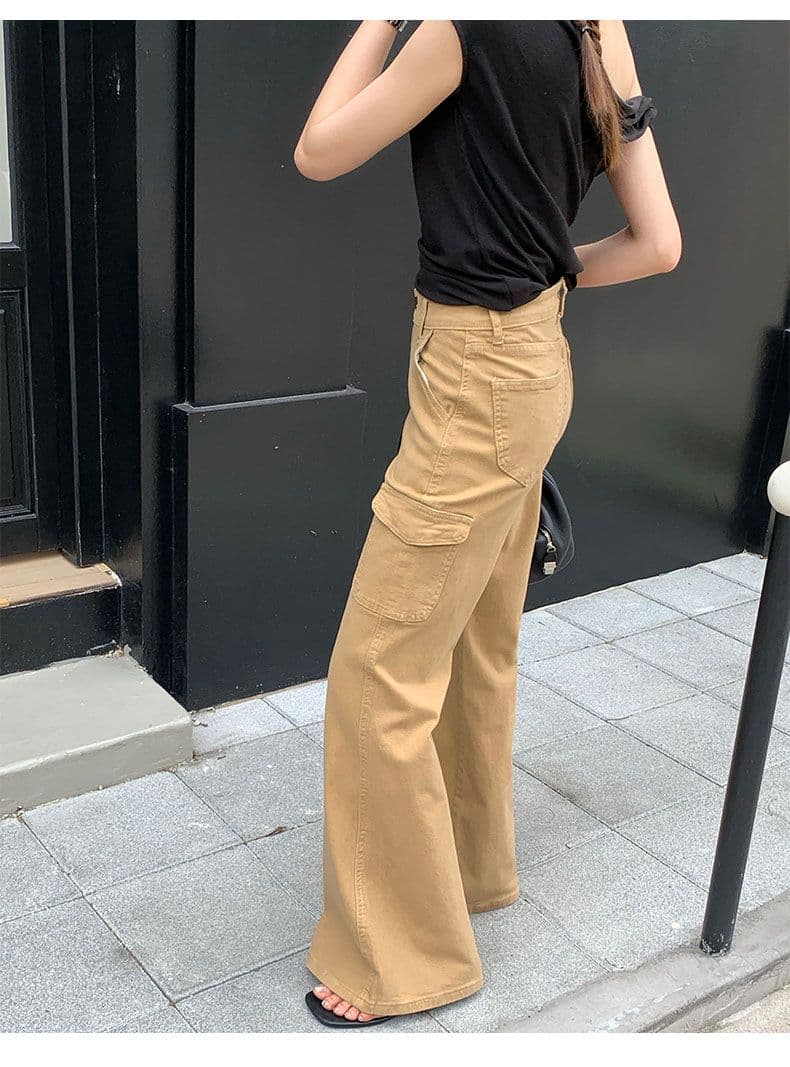 데님 플레어 바지 베이지 색 워크웨어 주머니 바닥 청소 바지 상세 이미지 8