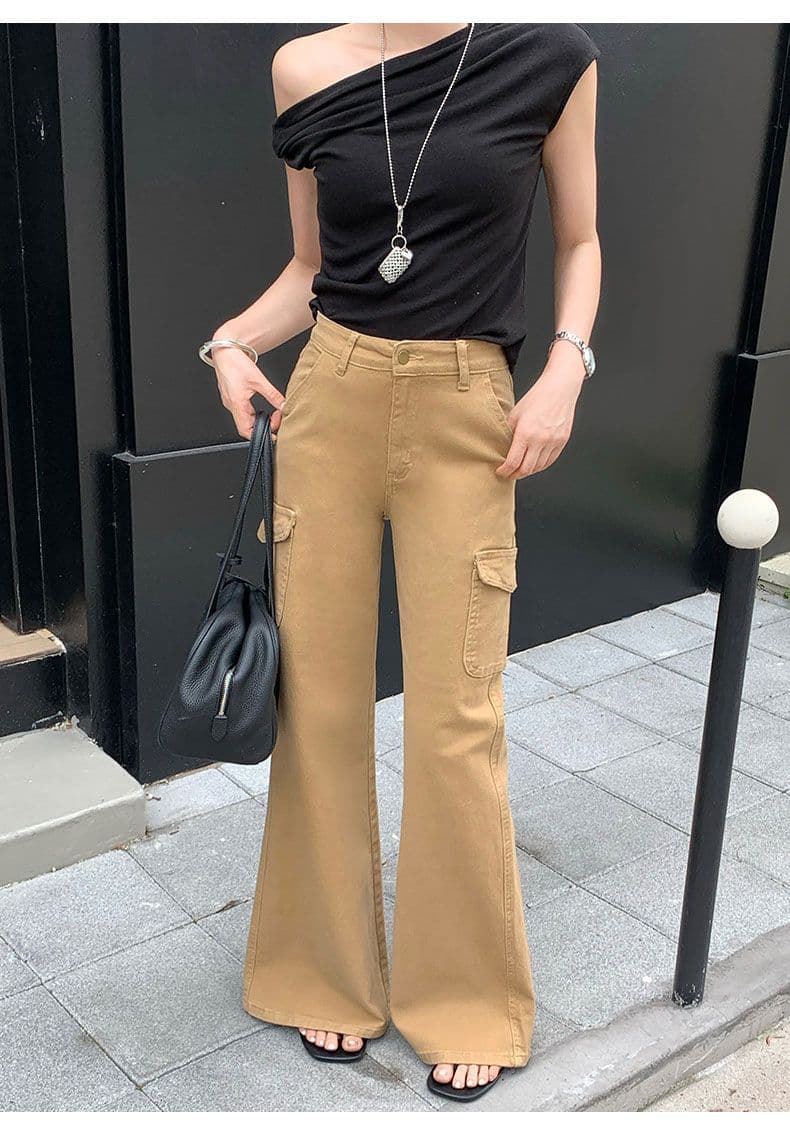 데님 플레어 바지 베이지 색 워크웨어 주머니 바닥 청소 바지 상세 이미지 9