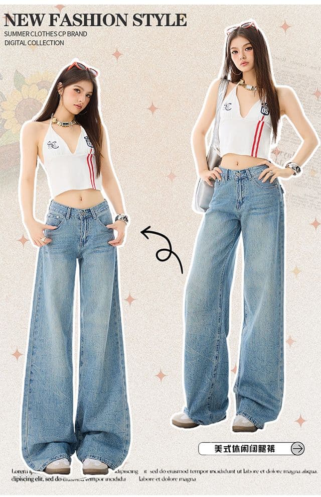 아메리칸 플리츠 넓은 다리 청바지 여성 새로운 하이웨이스트 무거운 작업 디자인 센스 꽃꽂이 워시 물 바닥 청소 바지 상세 이미지 3