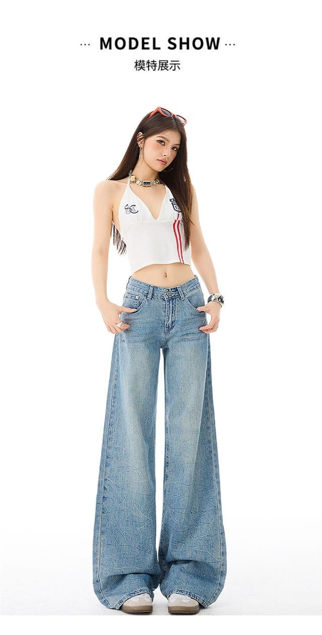 아메리칸 플리츠 넓은 다리 청바지 여성 새로운 하이웨이스트 무거운 작업 디자인 센스 꽃꽂이 워시 물 바닥 청소 바지 상세 이미지 11