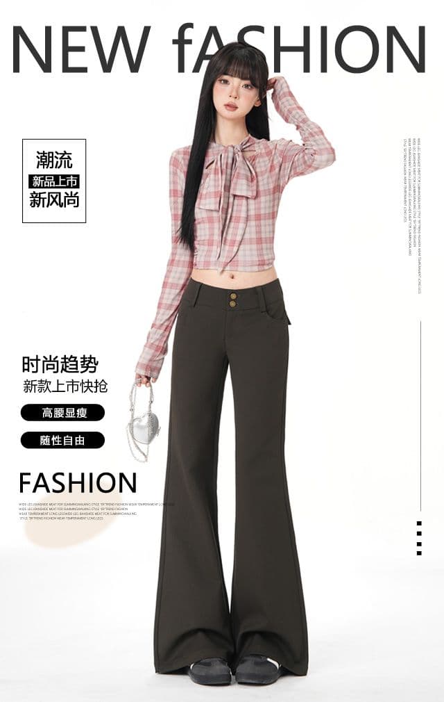 올리브 그린 순면 사선 무늬 마이크로 폭탄 레트로 로우 웨이스트 익스트림 제인 와이드 허리 머리 부츠컷 캐주얼 바지 상세 이미지 1
