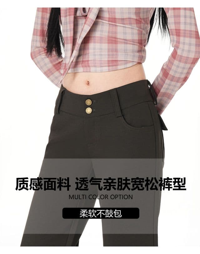 올리브 그린 순면 사선 무늬 마이크로 폭탄 레트로 로우 웨이스트 익스트림 제인 와이드 허리 머리 부츠컷 캐주얼 바지 상세 이미지 4