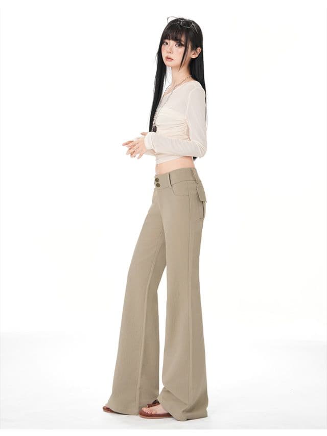 올리브 그린 순면 사선 무늬 마이크로 폭탄 레트로 로우 웨이스트 익스트림 제인 와이드 허리 머리 부츠컷 캐주얼 바지 상세 이미지 13