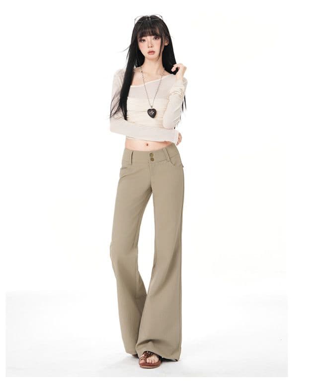 올리브 그린 순면 사선 무늬 마이크로 폭탄 레트로 로우 웨이스트 익스트림 제인 와이드 허리 머리 부츠컷 캐주얼 바지 상세 이미지 16
