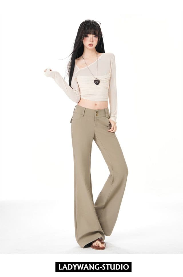 올리브 그린 순면 사선 무늬 마이크로 폭탄 레트로 로우 웨이스트 익스트림 제인 와이드 허리 머리 부츠컷 캐주얼 바지 상세 이미지 17
