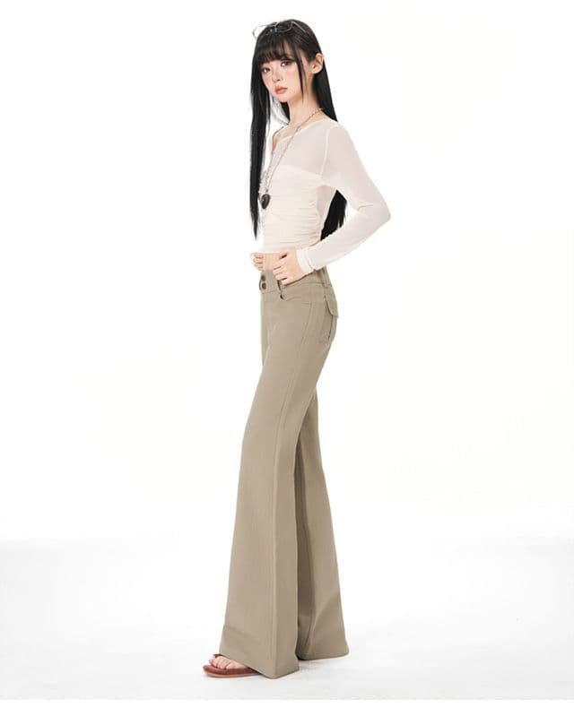 올리브 그린 순면 사선 무늬 마이크로 폭탄 레트로 로우 웨이스트 익스트림 제인 와이드 허리 머리 부츠컷 캐주얼 바지 상세 이미지 18