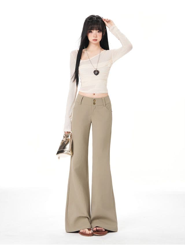 올리브 그린 순면 사선 무늬 마이크로 폭탄 레트로 로우 웨이스트 익스트림 제인 와이드 허리 머리 부츠컷 캐주얼 바지 상세 이미지 19