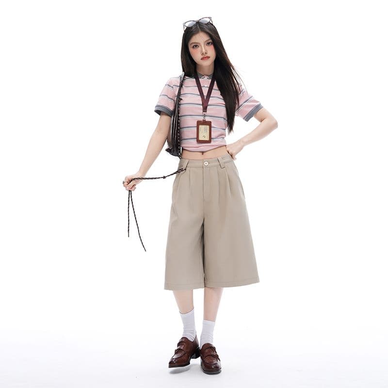 레트로 더블 Pleat 모통이 칼 7 점 슬랙스 여성 여름 고급 센스 루즈핏 느긋한 넓은 다리가 짧다. 바지 이미지 4