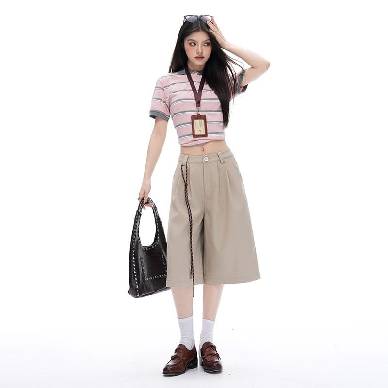 레트로 더블 Pleat 모통이 칼 7 점 슬랙스 여성 여름 고급 센스 루즈핏 느긋한 넓은 다리가 짧다. 바지 상세 이미지 16