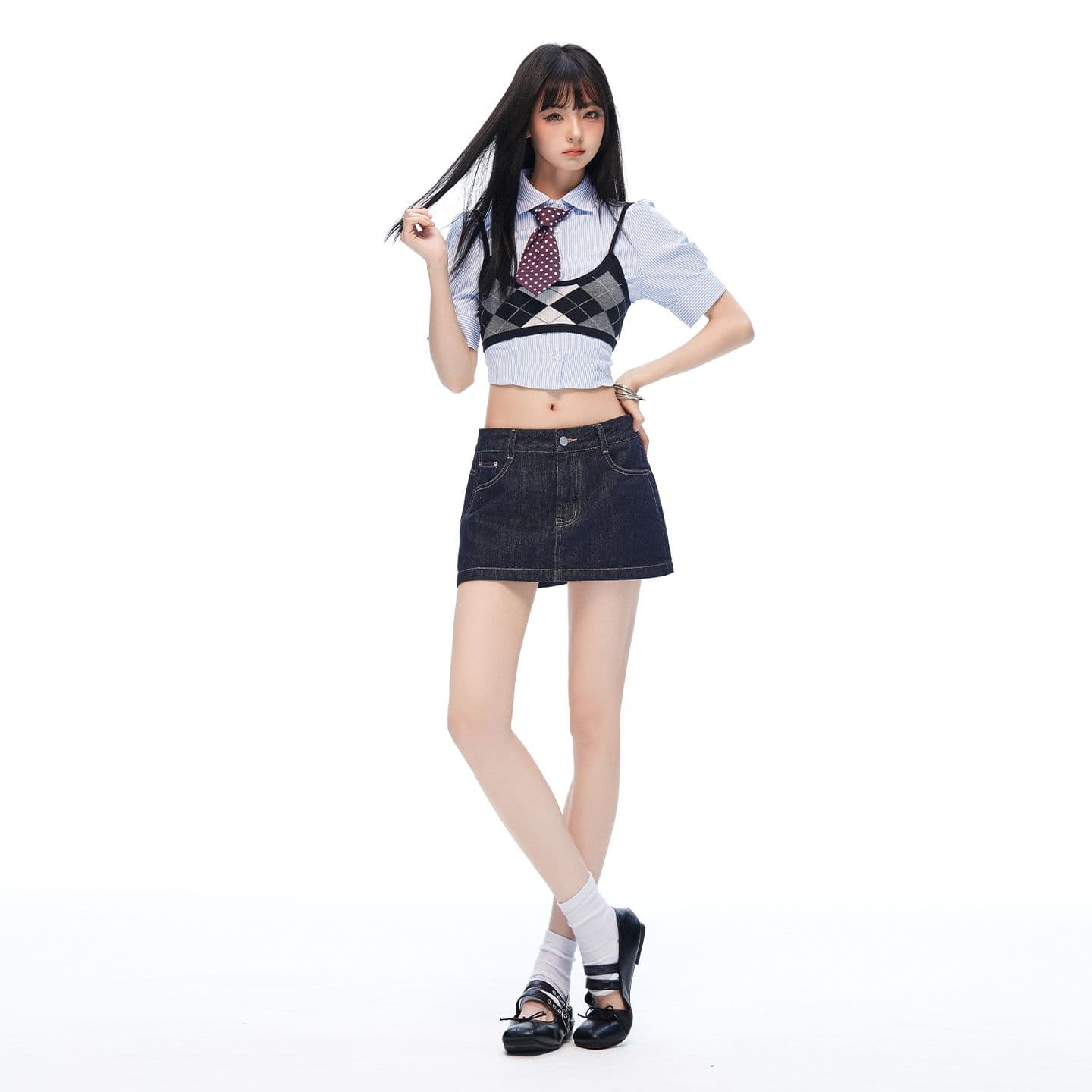 2026 한 부서 여름 새로운 단 닝 블루 데님 미니 스커트 다용도 트렌드 연령 감소 수 있습니다. 외출용 치마 여름 슬림해 보이는 이미지 3