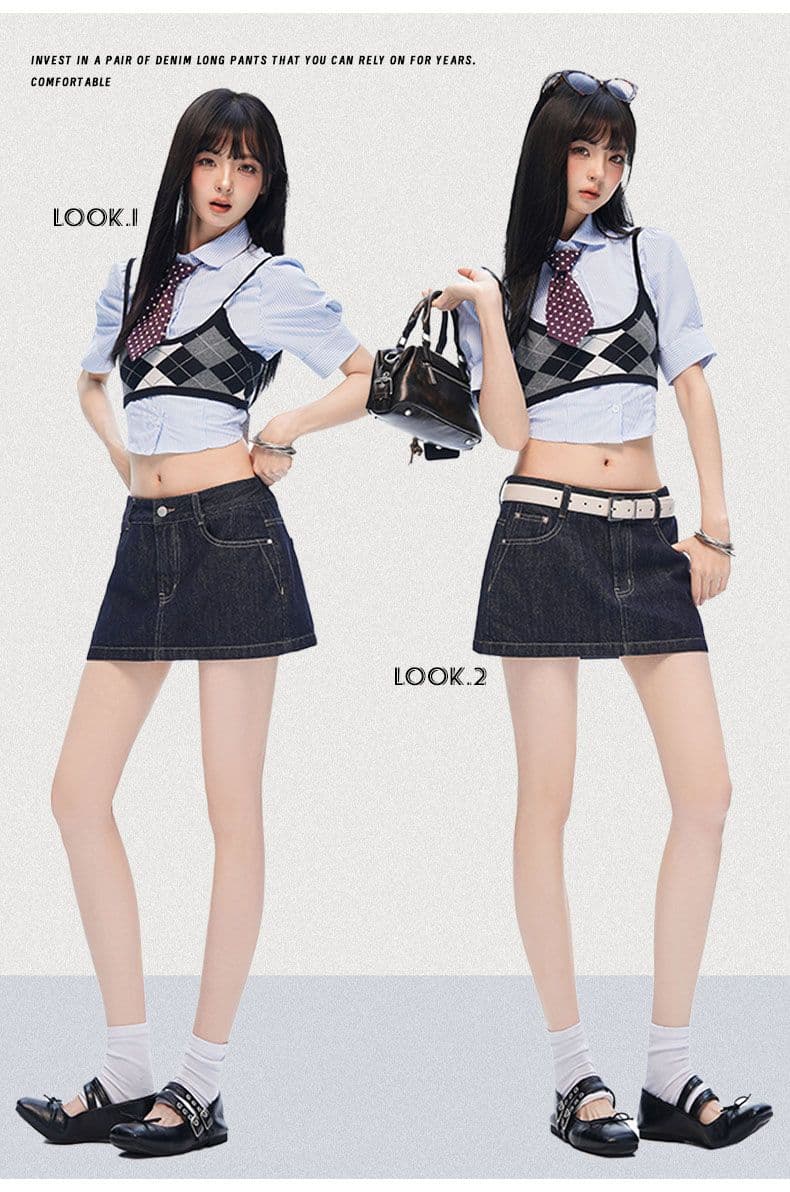 2026 한 부서 여름 새로운 단 닝 블루 데님 미니 스커트 다용도 트렌드 연령 감소 수 있습니다. 외출용 치마 여름 슬림해 보이는 상세 이미지 2