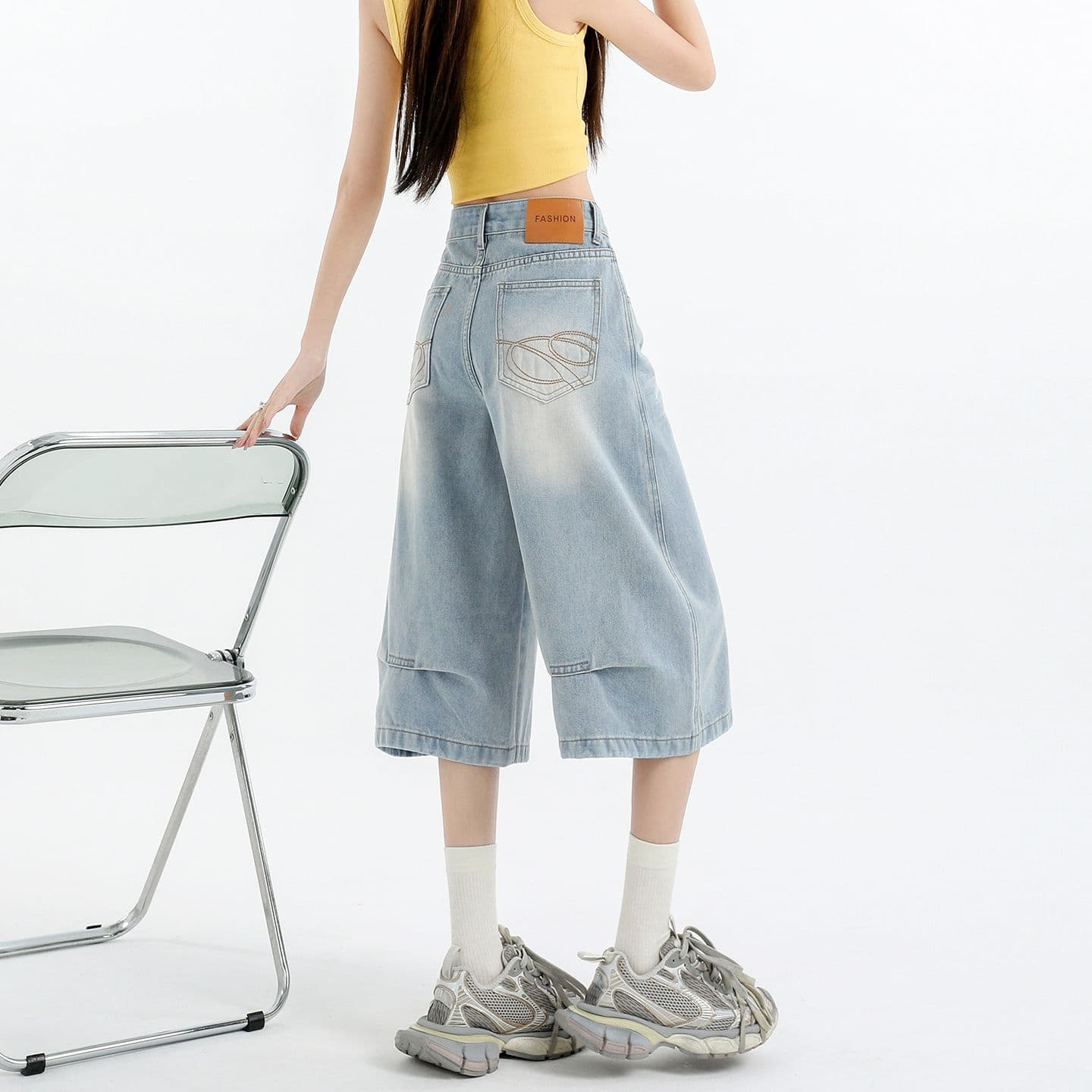 아메리칸 루즈핏 데님 7부 바지 여성 여름 개성 바지 루즈핏 넓은 다리 높음 거리 작은 키 스트레이트 바지 여성 이미지 5