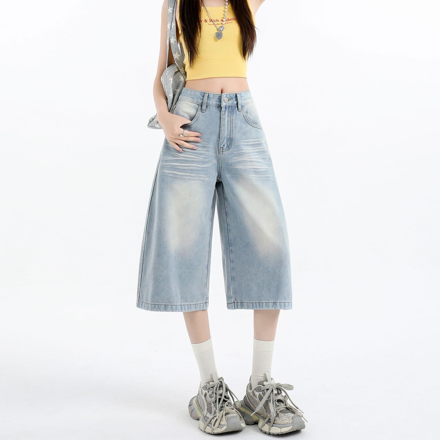 아메리칸 루즈핏 데님 7부 바지 여성 여름 개성 바지 루즈핏 넓은 다리 높음 거리 작은 키 스트레이트 바지 여성 이미지 2