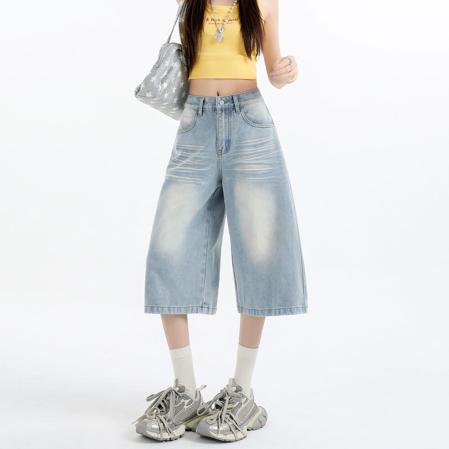 아메리칸 루즈핏 데님 7부 바지 여성 여름 개성 바지 루즈핏 넓은 다리 높음 거리 작은 키 스트레이트 바지 여성 이미지 6