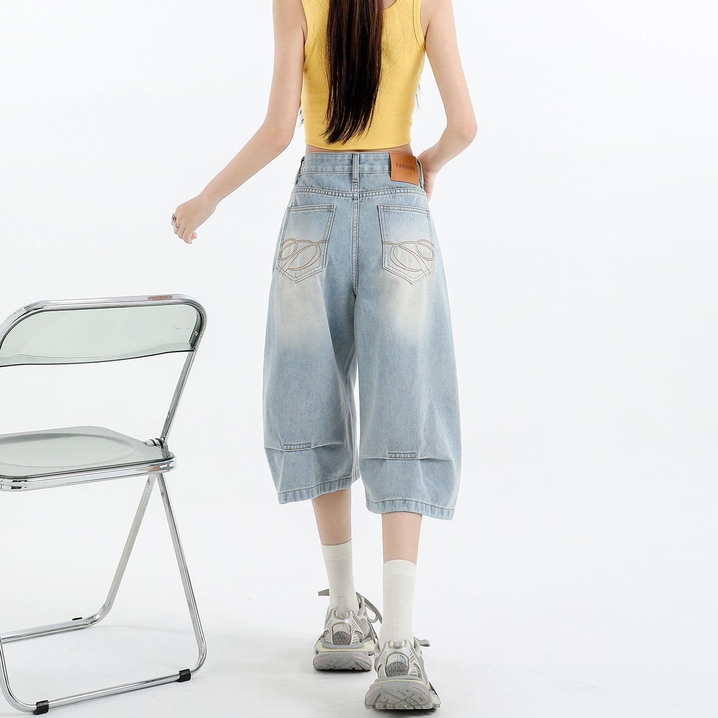 아메리칸 루즈핏 데님 7부 바지 여성 여름 개성 바지 루즈핏 넓은 다리 높음 거리 작은 키 스트레이트 바지 여성 이미지 4