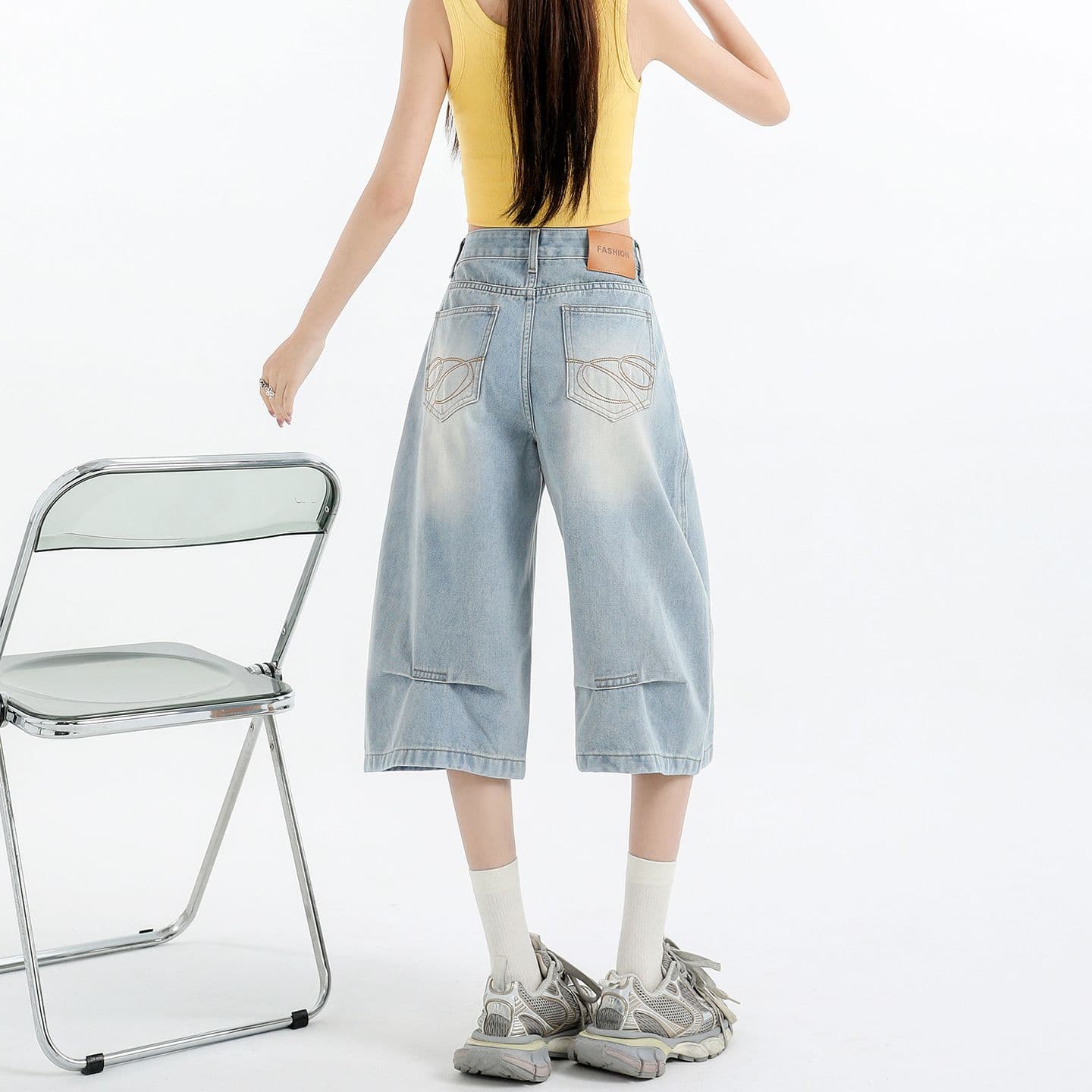 아메리칸 루즈핏 데님 7부 바지 여성 여름 개성 바지 루즈핏 넓은 다리 높음 거리 작은 키 스트레이트 바지 여성 이미지 3