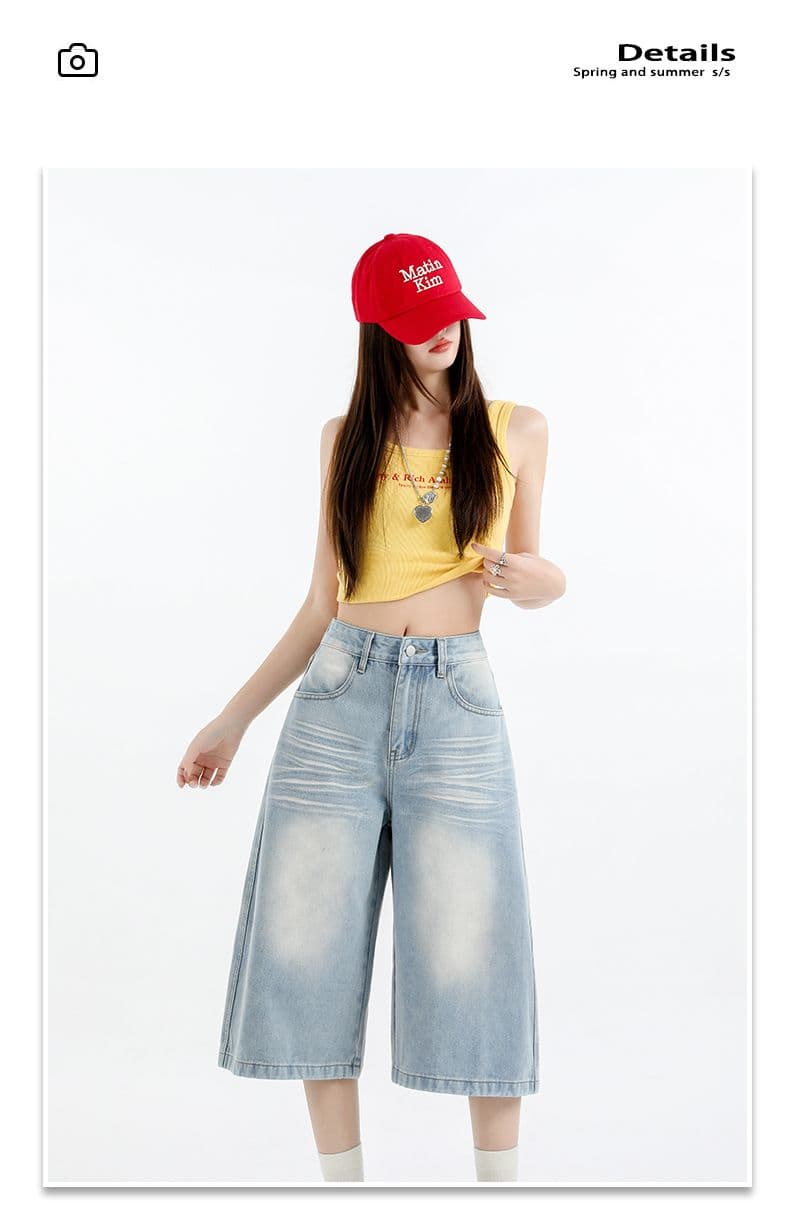 아메리칸 루즈핏 데님 7부 바지 여성 여름 개성 바지 루즈핏 넓은 다리 높음 거리 작은 키 스트레이트 바지 여성 상세 이미지 9