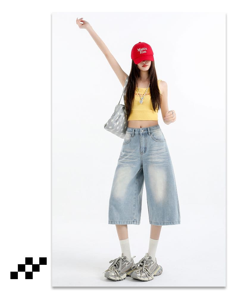 아메리칸 루즈핏 데님 7부 바지 여성 여름 개성 바지 루즈핏 넓은 다리 높음 거리 작은 키 스트레이트 바지 여성 상세 이미지 12
