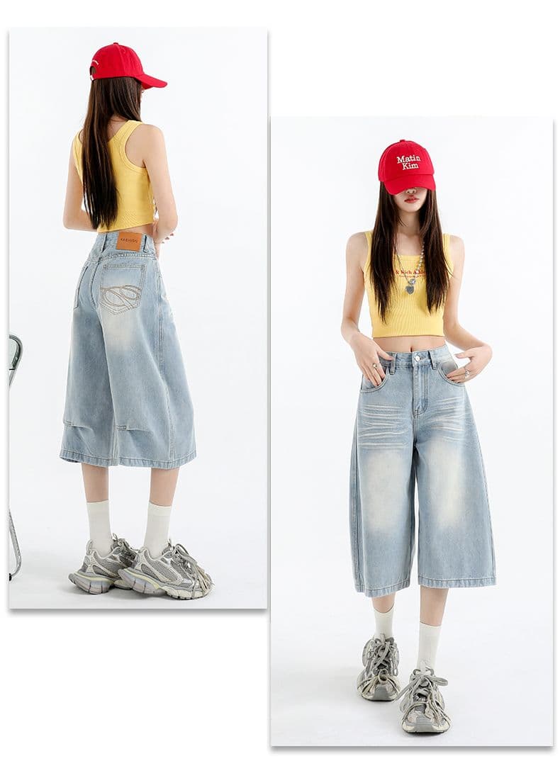 아메리칸 루즈핏 데님 7부 바지 여성 여름 개성 바지 루즈핏 넓은 다리 높음 거리 작은 키 스트레이트 바지 여성 상세 이미지 14