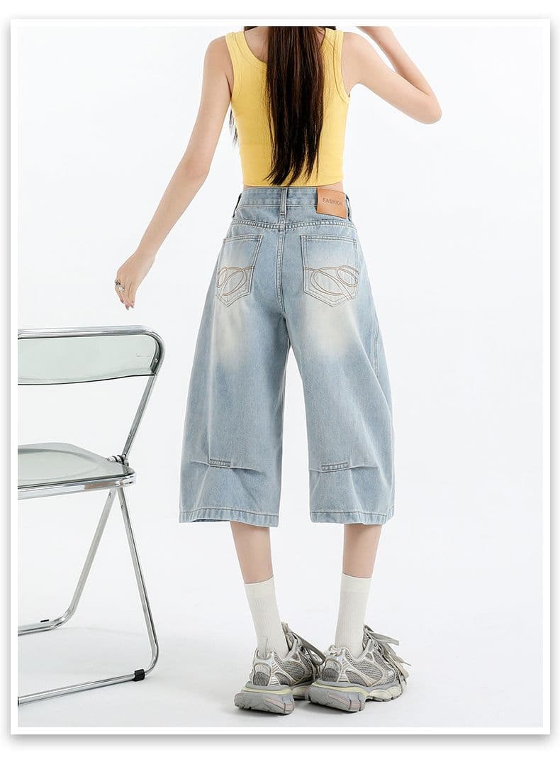 아메리칸 루즈핏 데님 7부 바지 여성 여름 개성 바지 루즈핏 넓은 다리 높음 거리 작은 키 스트레이트 바지 여성 상세 이미지 15