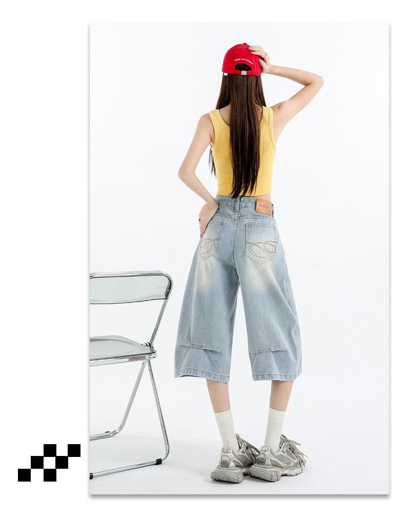 아메리칸 루즈핏 데님 7부 바지 여성 여름 개성 바지 루즈핏 넓은 다리 높음 거리 작은 키 스트레이트 바지 여성 상세 이미지 16