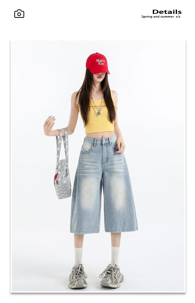 아메리칸 루즈핏 데님 7부 바지 여성 여름 개성 바지 루즈핏 넓은 다리 높음 거리 작은 키 스트레이트 바지 여성 상세 이미지 17