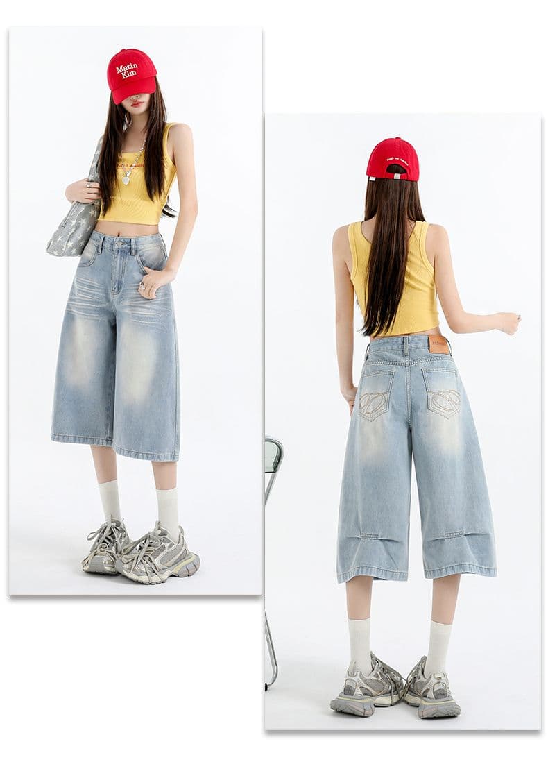 아메리칸 루즈핏 데님 7부 바지 여성 여름 개성 바지 루즈핏 넓은 다리 높음 거리 작은 키 스트레이트 바지 여성 상세 이미지 18