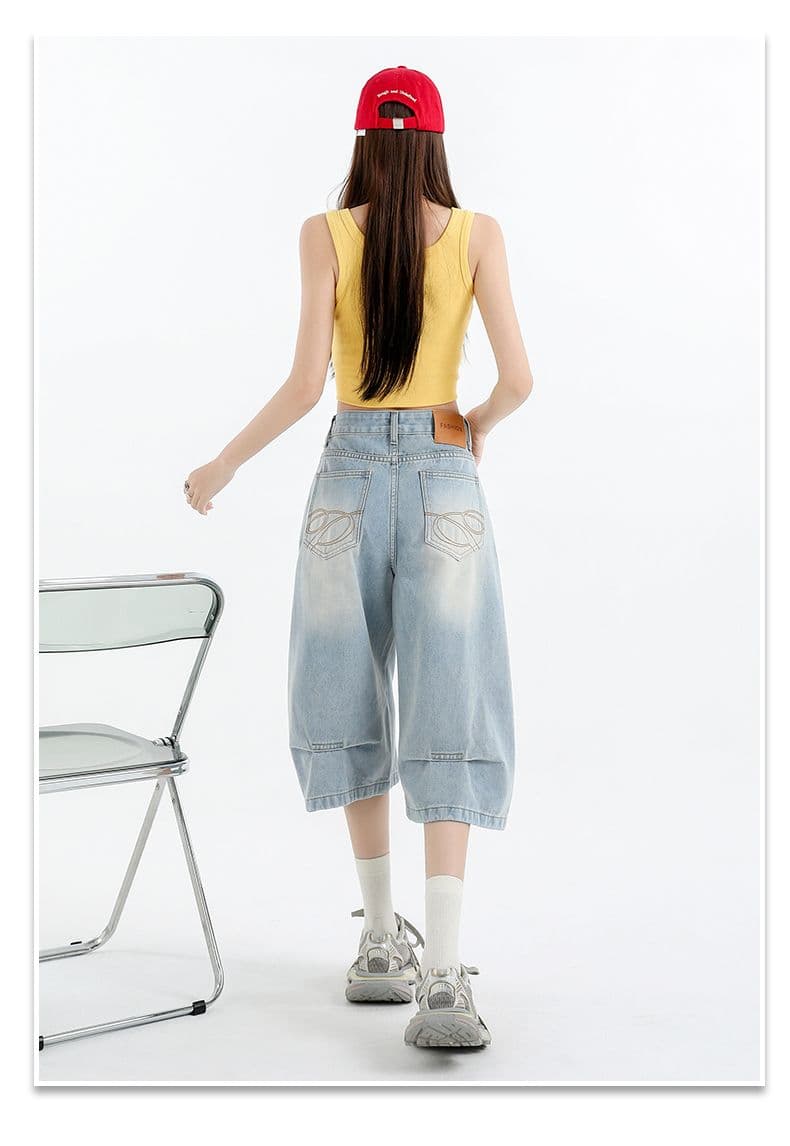 아메리칸 루즈핏 데님 7부 바지 여성 여름 개성 바지 루즈핏 넓은 다리 높음 거리 작은 키 스트레이트 바지 여성 상세 이미지 21