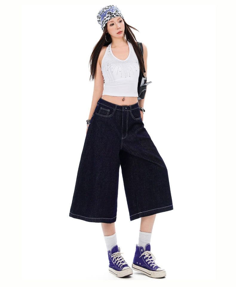 아메리칸 높음 거리 주머니 체크무늬 패치워크 자수 데님 바지 스트레이트 넓은 다리 모통이 칼 바지 상세 이미지 20
