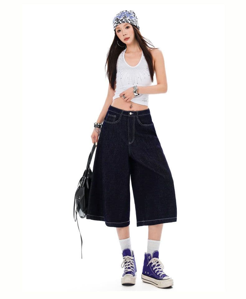 아메리칸 높음 거리 주머니 체크무늬 패치워크 자수 데님 바지 스트레이트 넓은 다리 모통이 칼 바지 상세 이미지 23