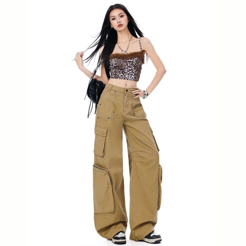 아메리칸 기타 주머니 무거운 작업 지퍼 주머니 넓은 다리 스트레이트 워크웨어 팬츠 이미지 6