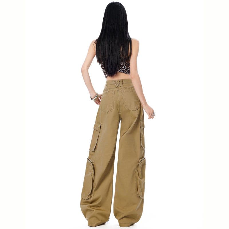 아메리칸 기타 주머니 무거운 작업 지퍼 주머니 넓은 다리 스트레이트 워크웨어 팬츠 이미지 3