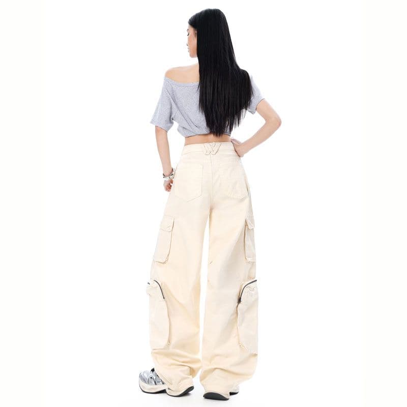 아메리칸 기타 주머니 무거운 작업 지퍼 주머니 넓은 다리 스트레이트 워크웨어 팬츠 이미지 4