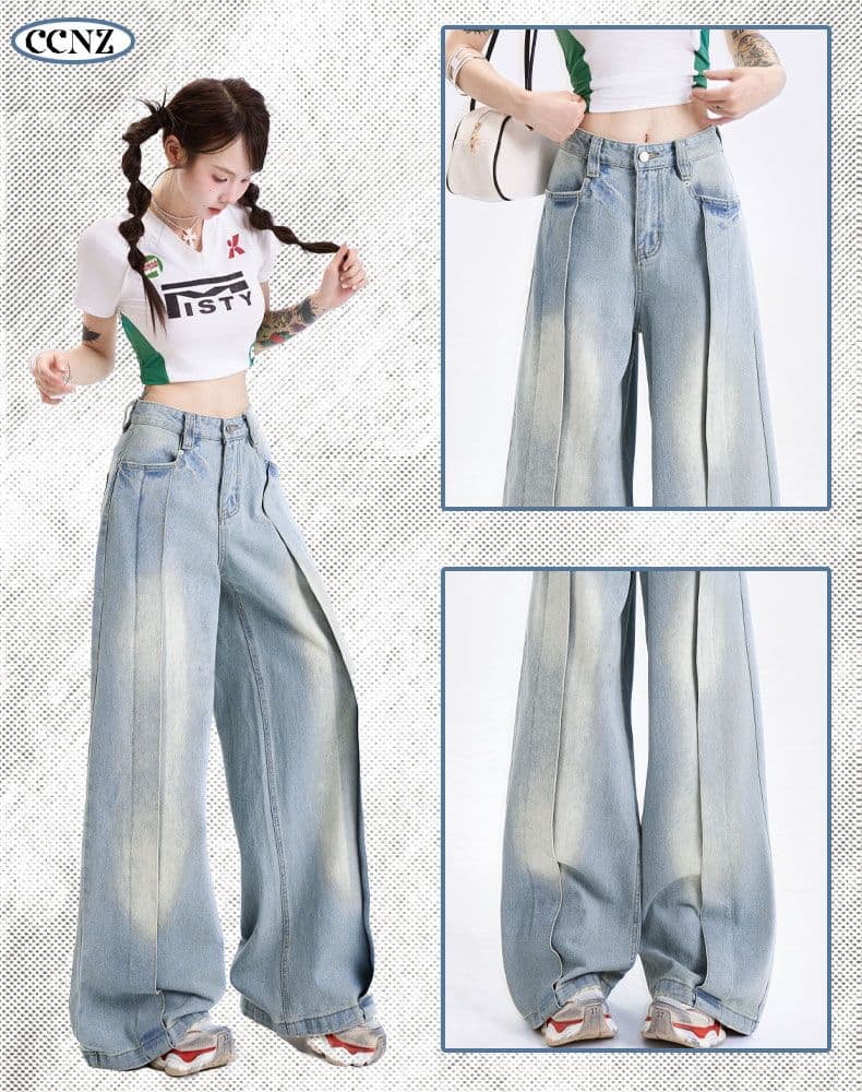 새로운 화이트 한 부서 레트로 아메리칸 루즈핏 하이웨이스트 넓은 다리 다용도 캐주얼 바지 상세 이미지 5