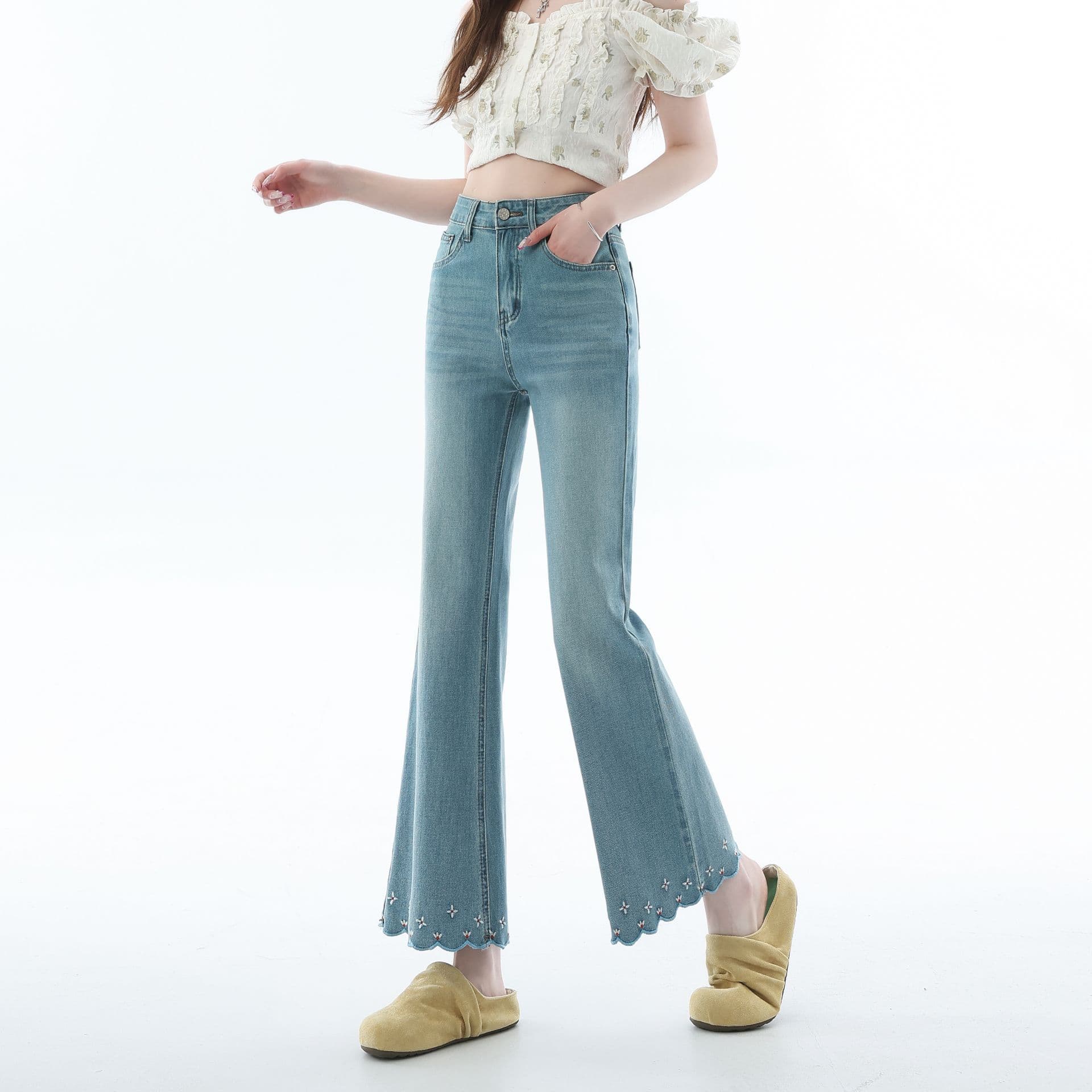 자수 레이스 9 포인트 신축성 부츠컷 청바지 여성 여름 2026 새로운 작은 키 다용도 슬림해 보이는 나팔 바지 이미지 3